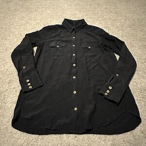 True Religion Sm Blouse Georgia Silk Button Front Long Sleeve Gold Buttons Black